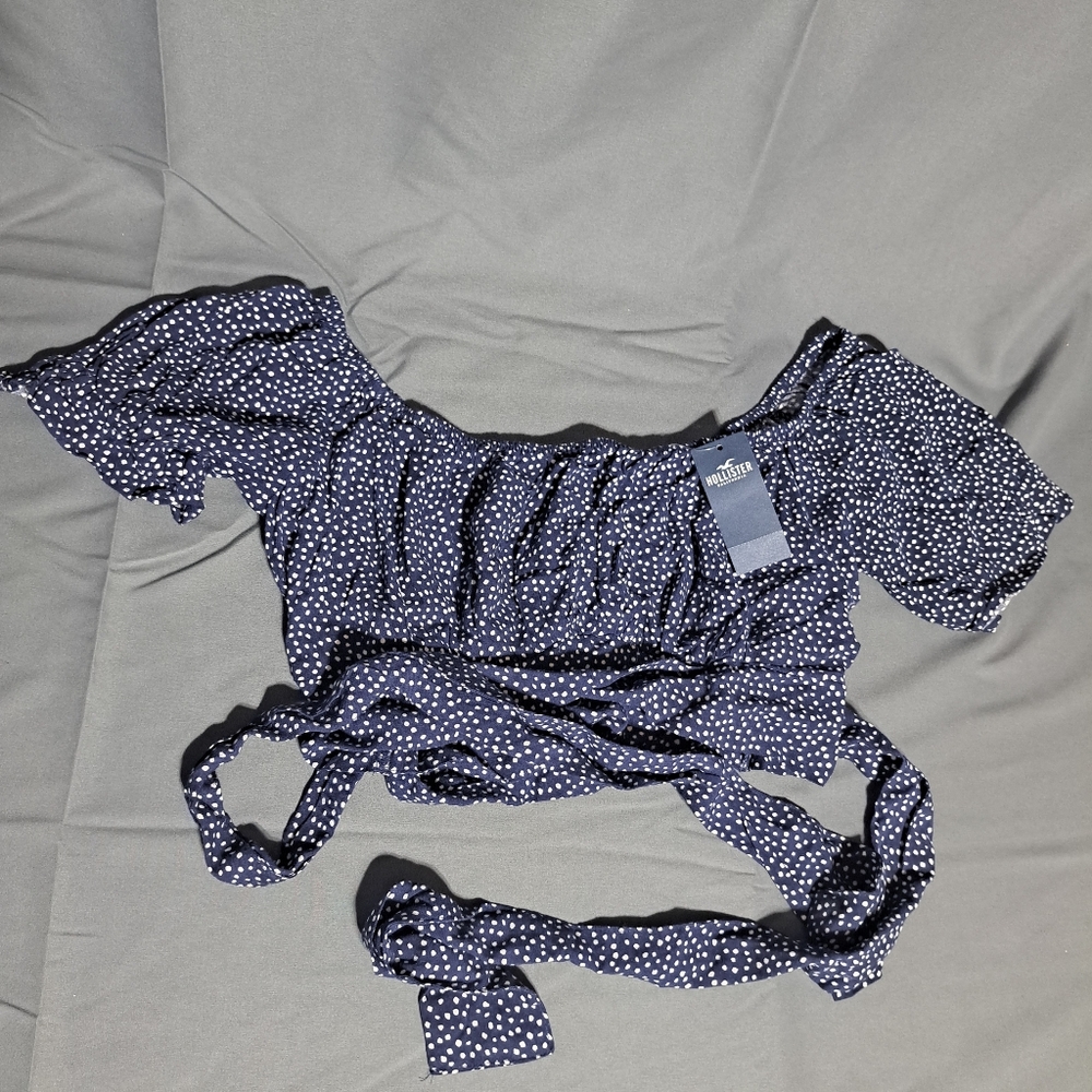 Hollister Navy Blue White Polka Dot Tie Back Crop Top Medium‎